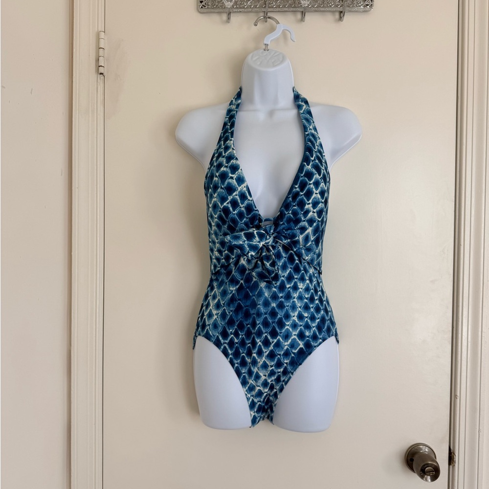 Blue Mermaid Patterned Halter One-Piece Swimsuit